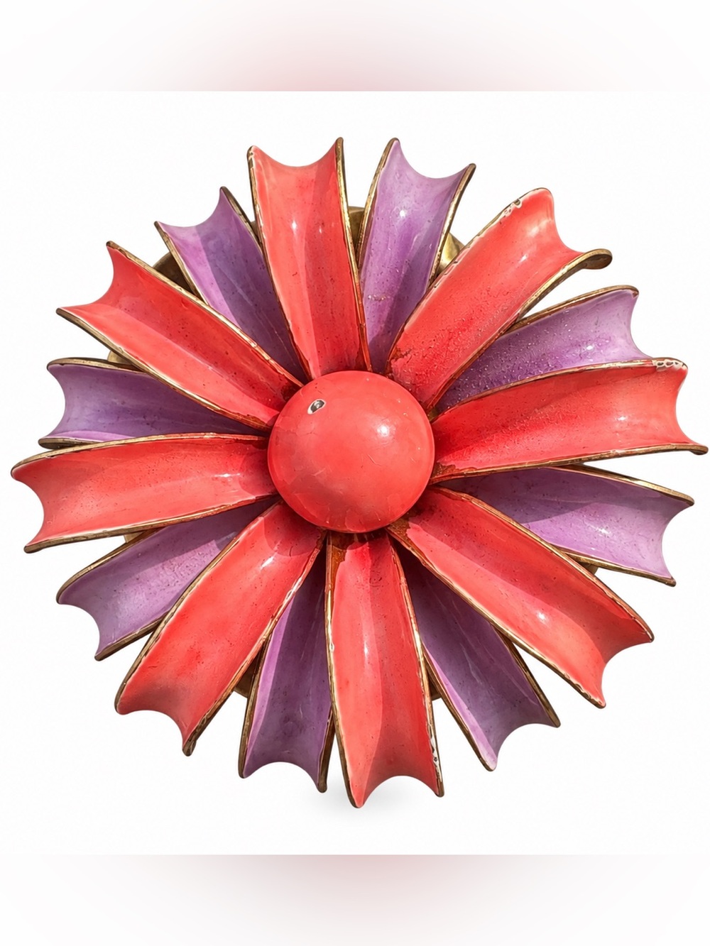 Vintage 1960s Flower Power Enamel Brooch Pink Purple Dimensional Pin retro 60s